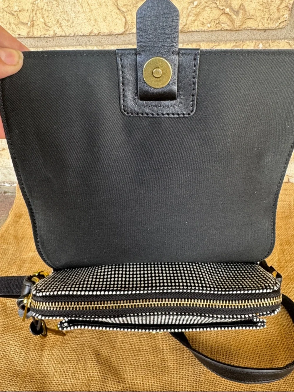 Fossil Black Leather Crossbody with Black & White Pattern NWOT